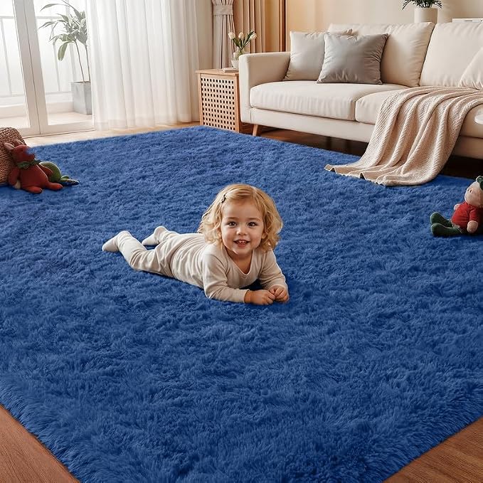 Area Rug for Living Room Bedroom: 4x6 Soft Fluffy Shag Rugs Upgrade Non-Slip High Pile Carpet Large Fuzzy Plush Indoor Floor Shaggy Carpets for Nursery Kid Playroom Office Dorms Home Decor Blue