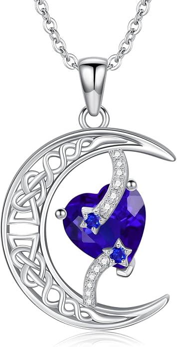 TOUPOP Moon and Star Birthstone Necklace for Women 925 Sterling Silver Celtic Moon Jewelry Birthday Mothers Day Gifts for Mom Wife Her