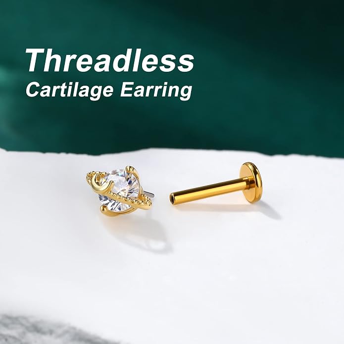 Cocharm 14K Solid Gold Cartilage Earring - Planet Yellow Gold Flat Back Helix Stud, 16g