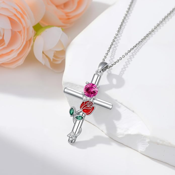 Birthstone Cross Necklace 925 Sterling Silver Rose with Butterfly Birthstone Cross Pendant Necklace Jewelry Gifts for Women Birthday Christmas