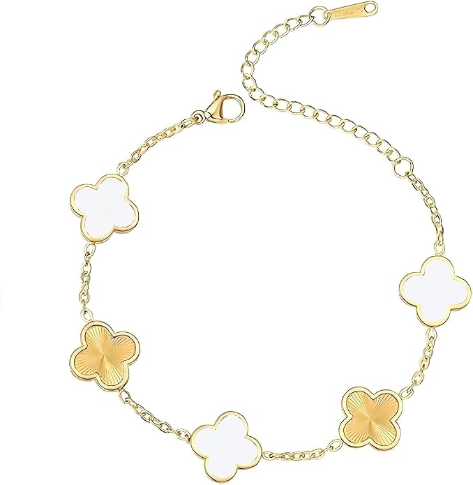 18K gold-plated mother of pearl enamel, adjustable clover lucky bracelet for women/New Year gift/Valentine's Day gift