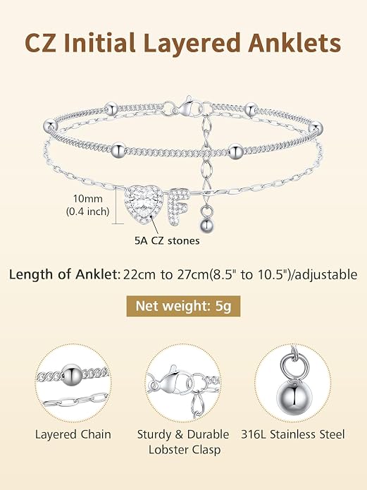 FindChic Silver/14K Gold Plated Layered CZ Initial Ankle Bracelet for Women | Waterproof Stainless Steel, Cubic Zirconia Letter Charm, Non-Tarnish, Hypoallergenic, Adjustable Extender, Summer Jewelry