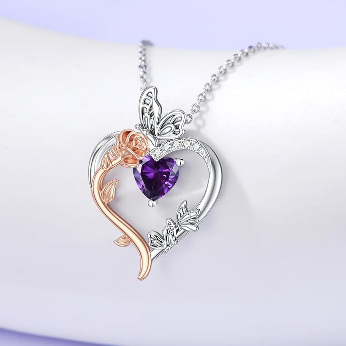 TOUPOP Rose Heart Birthstone Necklace 925 Sterling Silver Heart Butterfly Pendant Love Jewelry Birthday Gifts for Women Wife Mom Her
