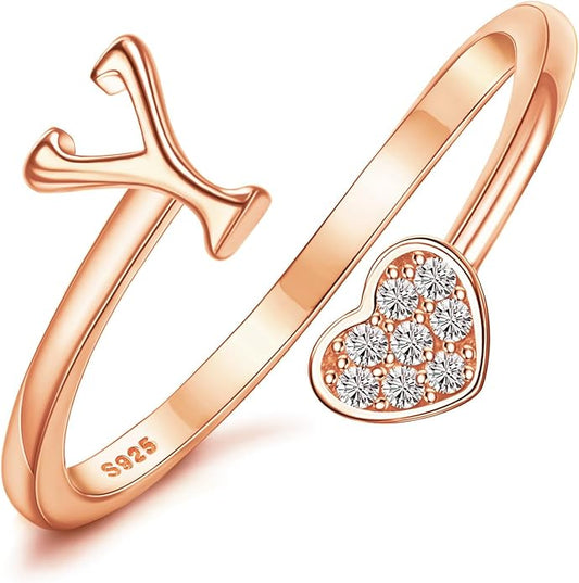 MILACOLATO 925 Sterling Silver Initial Rings for Women Teen Girl 18K Gold Plated Heart Initial Rings Adjustable Capital Letter Ring Stackable Thumb Pinky Rings for Daughter Birthday Bridesmaid Gifts Jewelry, A to Z