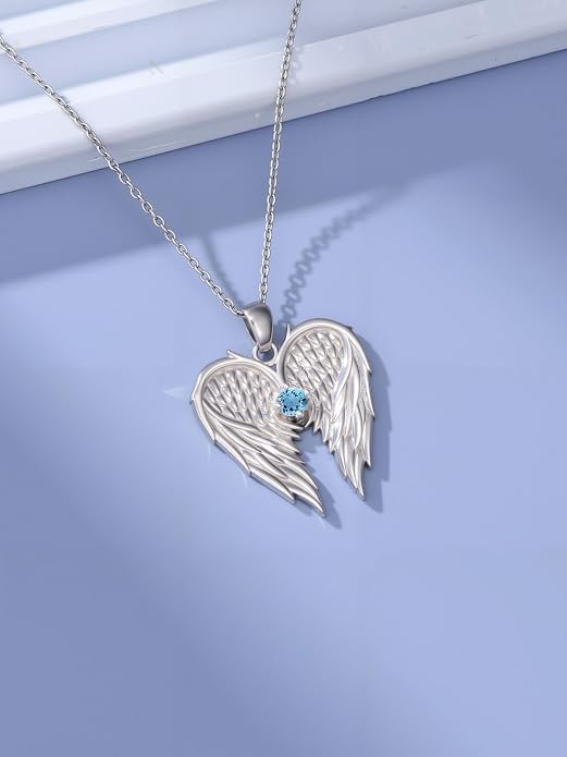 Dorunmo Guardian Angel Wing Pendant Birthstone Heart Necklace Birthday Jewelry Gifts for Women Mom Wife Daughter