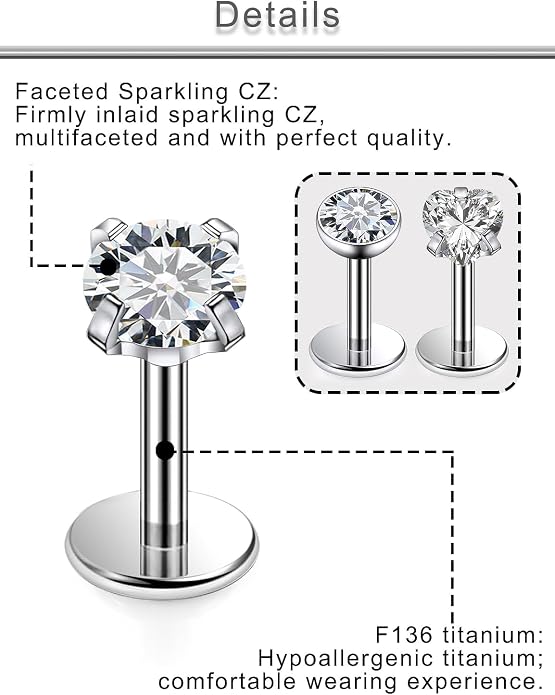 20G 18G 16G F316 Titanium Flat Back Nose Rings Studs Hypoallergenic Screw on Tragus Helix Cartilage Earrings Stud Piercing Jewerly for Women Men Bars 6mm