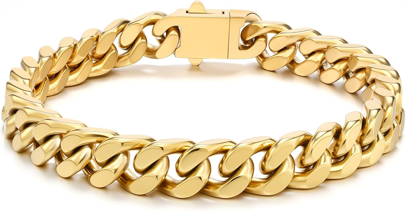 Stainless Steel Cuban Link Bracelet for Men - Gold/Silver Plated Miami Curb Chains Bracelet - Cuban Hand Chain Wrist Bracelet Hip Hop Jewelry, 9mm/11mm Width, 7.5"/8.3"/9"