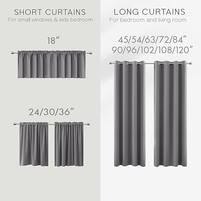 KOUFALL Gray Curtains 63 Inch Length 2 Panel Set for Kitchen,Room Darkening Curtains 63 Inches Long,52x63
