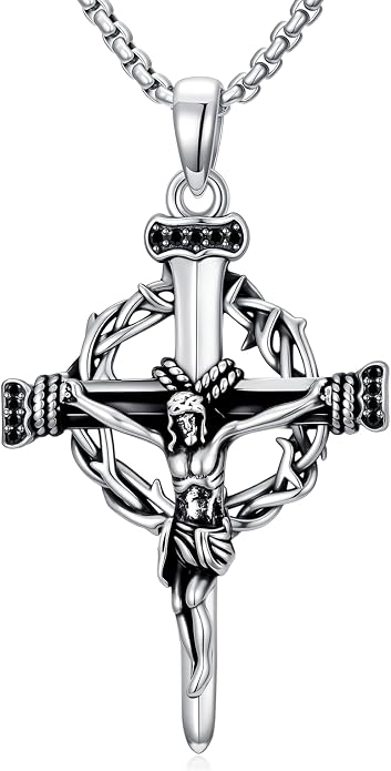 Crown of Thorns Necklace for Men 925 Sterling Silver Nail Cross Necklace Pendant Religious Christian Jewelry Valentines Day Gifts for Men
