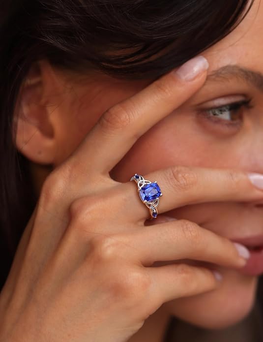 925 Sterling Silver Birthstone Rings for Women Cushion Cut Engagement Celtic Knot Ring Irish Jewelry Created Gemstone Anniversary Rings Size 6-10(with Box)