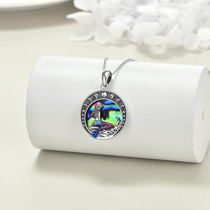 LUHE Mermaid Necklace Jewelry Gifts Sterling Silver Sea Mermaid Crescent Moon and Star Necklace with Flower Pendant Birthday Gifts for Daughter Women