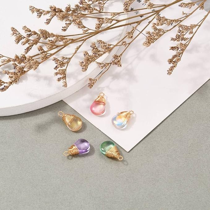 DanLingJewelry 50pcs Random Color Faceted Teardrop Glass Charms Crystal Glass Dangle Pendants with Wire Wrapped for Jewelry Making