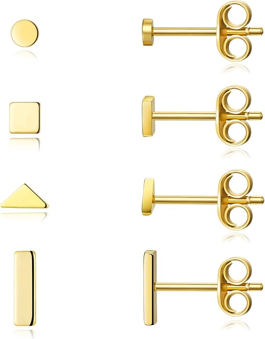 EPIRORA Sterling Silver Stud Earrings for Women Men- 4 Pairs of Hypoallergenic Simple Geometric Small Stud Earring Set Tiny Circle Triangle Square Bar Stud Earrings Mini Cartilage Tragus Earrings
