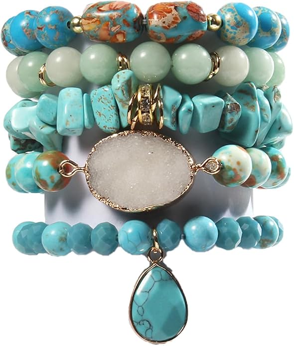 Yomisa 5PCS 6PCS Natural Boho Beaded Bracelets/Bangle for Women Men,Healing Turquoise Jasper Agate Crystal Gemstone Stone Chakra Multilayer Wrap Bohemian Handmade Jewelry Beads Stretch Bracelet Set