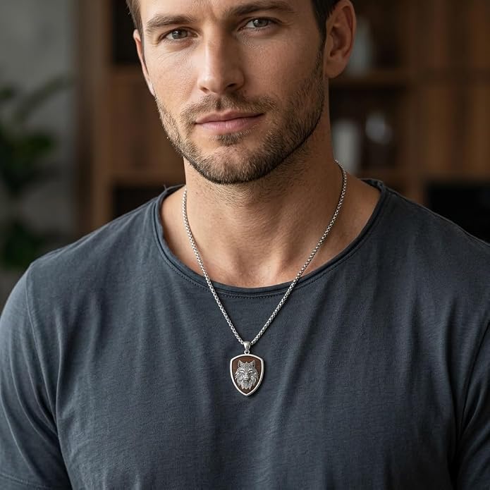 ONEFINITY Wooden Necklace Viking Wolf/St Benedict Medals/St Michael/Crucifix/St Christopher Pendant Necklace for Men Archangel Amulet Wooden Religious Jewelry Gifts for Men Women