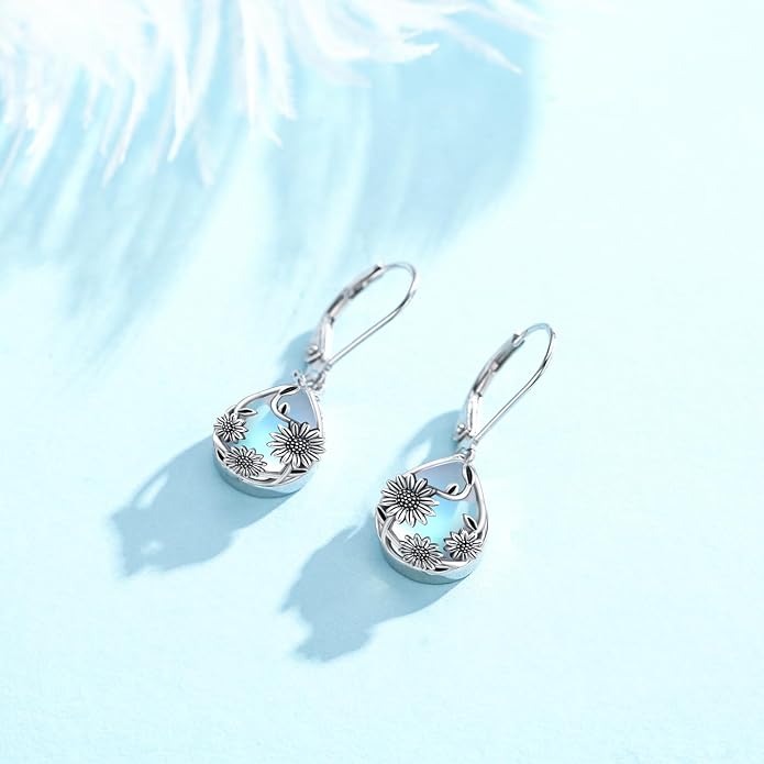 Flower Earrings 925 Sterling Silver Flower Teardrop Leverback Dangle Earrings Jewelry Gifts for Women Girls