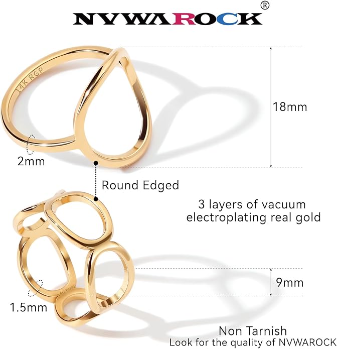 2PCS Circle Statement Ring Set for Women 14K Gold Plated Simple Link Chain Knuckle Stacking Bands（Gold and Silver, Size 5 to 10）
