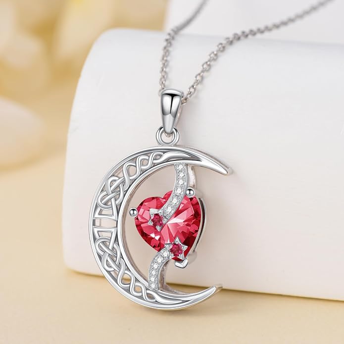 TOUPOP Moon and Star Birthstone Necklace for Women 925 Sterling Silver Celtic Moon Jewelry Birthday Mothers Day Gifts for Mom Wife Her