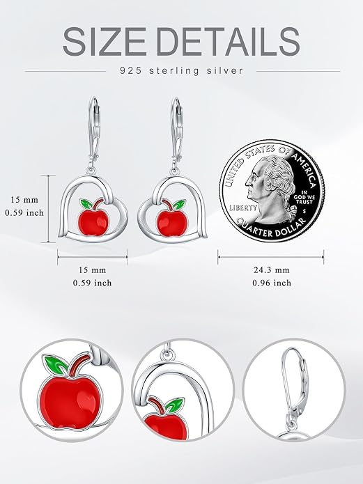 Midari Heart Dangle Earrings 925 Sterling Silver Leverback Drop Earrings Teacher Music Art Jewelry Gifts for Women Students Apple/Guitar/Palette/Note Design