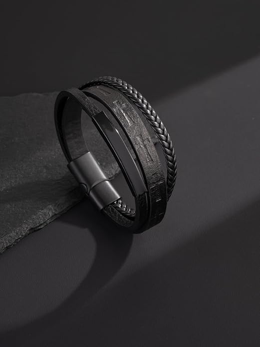 Mens Leather Cross Bracelet Multilayer Braided Wristband Bangle Bracelets with Stainless Steel Buckle Religious Gift for Men Brown/Black/Blue–8.3 inch