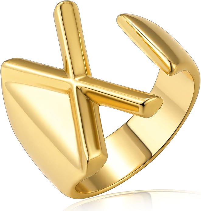 KeyStyle Bold Initial Letter Rings Adjustable, GoldChic Jewelry Women Gold Statement Ring Personalized Engraved Women’s Open Signet Ring for Party (Gold, White Gold, Black)