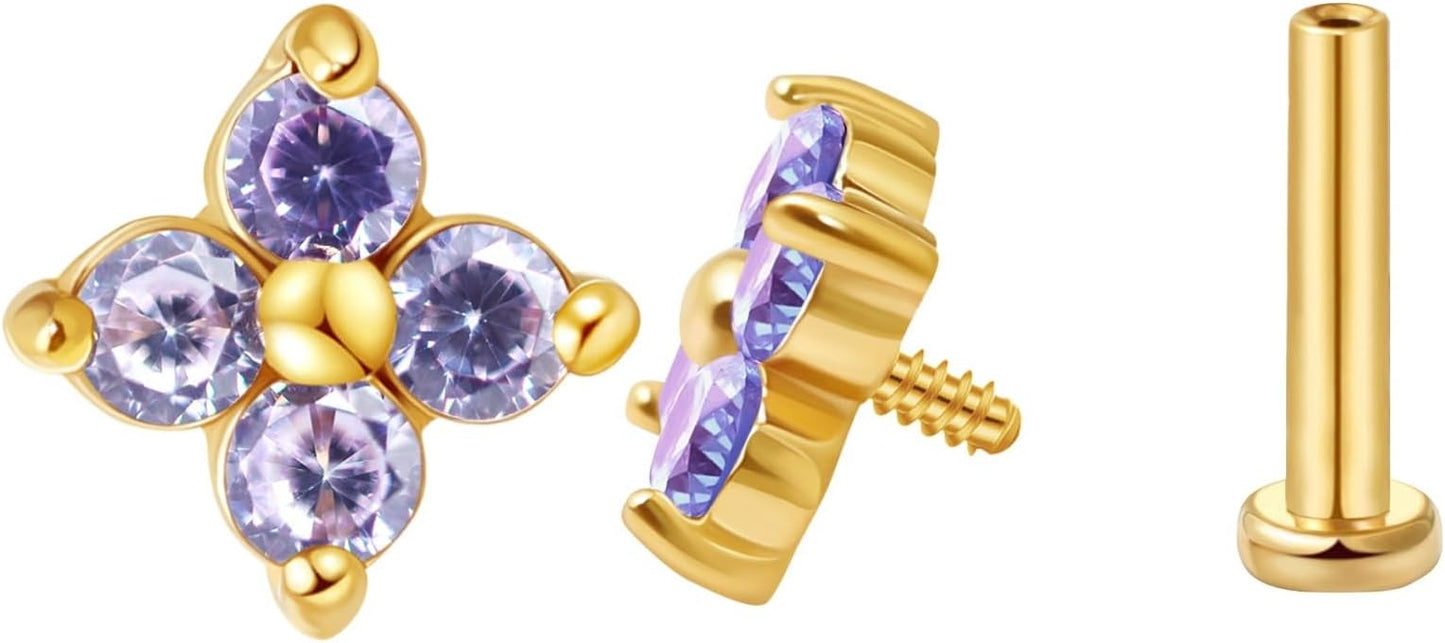 FANSING CZ Flower Internally Threaded Flat Back Earring Labret Stud for Cartilage Tragus Helix Conch