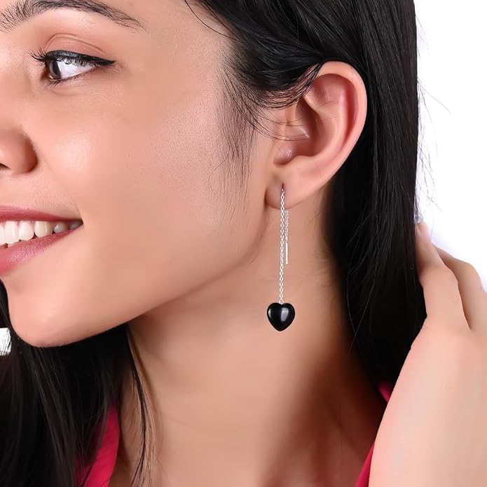Gemstone Heart Shaped Threader Earrings in 925 Sterling Silver, Pull Through Adjustable, Versatile & Trendy, Perfect Valentine's Gift for Women, Choice of Gemstone Available
