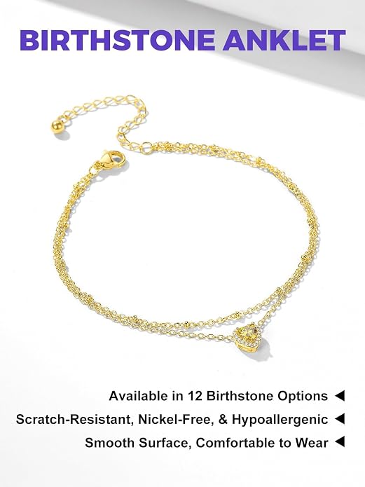 Richsteel Double Layer Heart/Butterfly Birthstone Anklet for Women Non Tarnish Waterproof, Silver/Gold/Black Stainless Steel 8.5-10.5 Inch Adjustable Chain Anklets Jewelry Gifts for Her