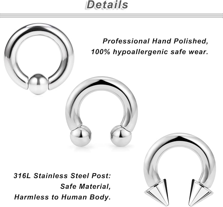 00G 0G 2G 4G 6G 8G 10G 12G 14G 16G Septum Rings Silver Black Surgical Steel Heavy Gauges Earrings Stretching kit Eyebrow Lip Septm Nose Rings Helix Tragus Daith Rook Earrings Hoops 10mm-19mm