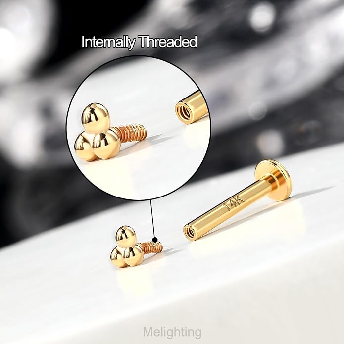 Melighting 14K Solid Gold Cartilage Earring - Internally Threaded 16G Flat Back Stud Earring - Gold Helix Piercing Jewelry - 8mm