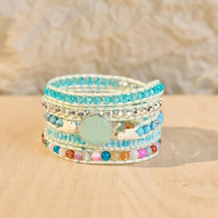 YGLINE Boho Beaded 5 Wrap Bracelets Cuff Bracelets Stone Wrap Bracelets Natural Stone Leather Wrap Bracelet