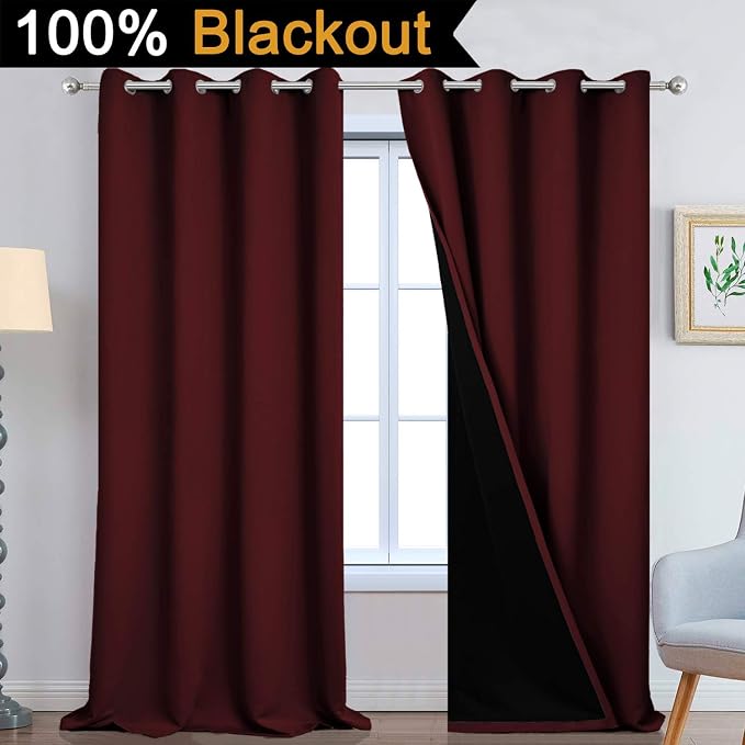 Yakamok Burgundy Red Blackout Curtains 108 Inches Long for Bedroom 52" Wide | Blackout Curtain Panels for Bedroom, 2 Thick Layers Grommet Top Thermal Insulated Drapes with Black Liner for Living Room