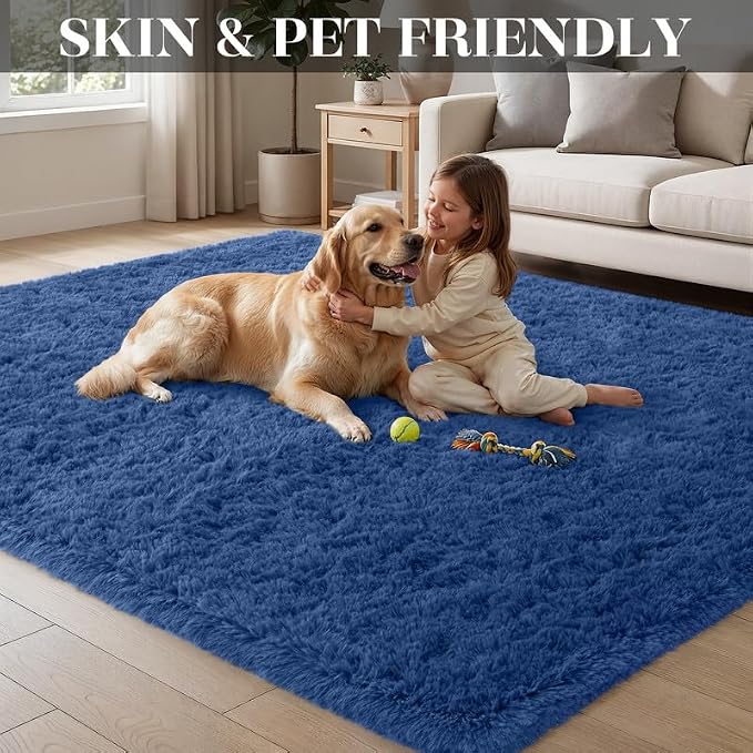 Area Rug for Living Room Bedroom: 4x6 Soft Fluffy Shag Rugs Upgrade Non-Slip High Pile Carpet Large Fuzzy Plush Indoor Floor Shaggy Carpets for Nursery Kid Playroom Office Dorms Home Decor Blue