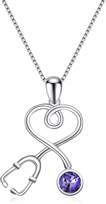 AOBOCO Stethoscope Necklace 925 Sterling Silver Embellished with 12 Months Birthstone Crystals from Austria, Graduation Gifts Medical Jewelry for Doctor Nurse Medical Student RN