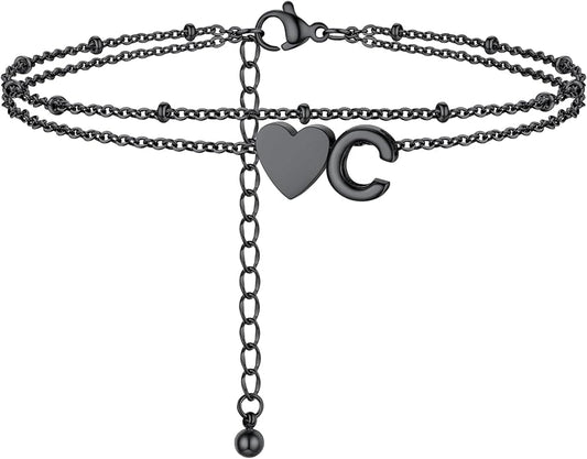 Initial Ankle Bracelets for Women, Dainty Stainless Steel Letter A-Z Layered Anklets, Heart Ankle Bracelet 8.5"-10.5" Adjustable, Summer Beach Jewelry, Come with Box