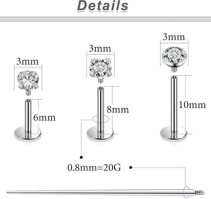 20G 18G 16G F316 Titanium Flat Back Nose Rings Studs Hypoallergenic Screw on Tragus Helix Cartilage Earrings Stud Piercing Jewerly for Women Men Bars 6mm