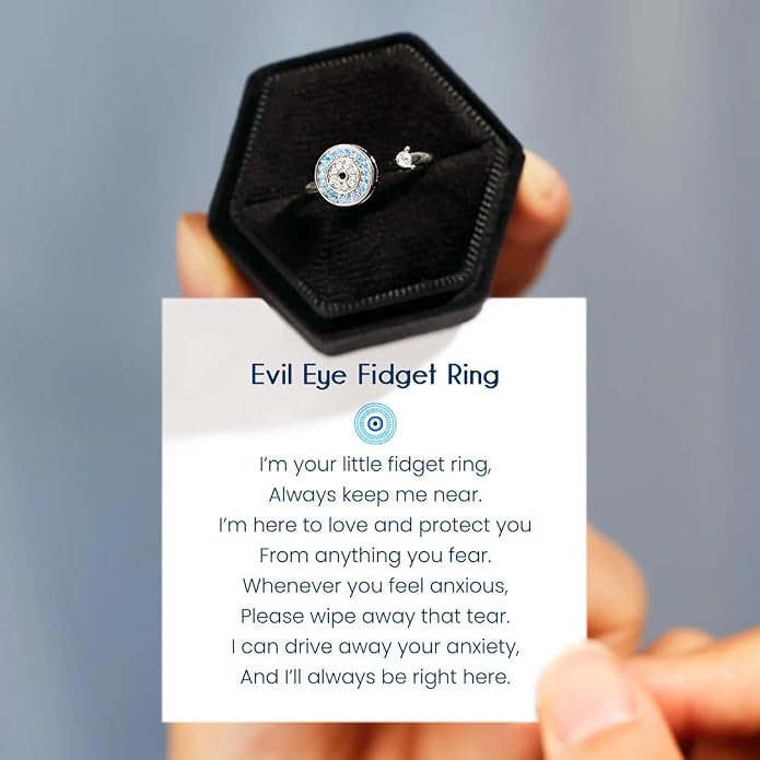 LIU JUN To My Daughter - Evil Eye Fidget Ring For Women, It Can Drive Away Your Anxiety CZ Spinning Adjustable Inspirations Gift Jewelry
