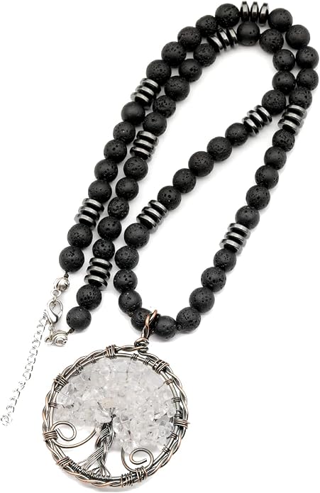 ElisaJewelryArt - Natural Labradorite Big Tree Of Life Black Lava Stone Beaded Necklace Genuine Gemstone Energy Stone Clasp Closure Necklace Unisex Necklace