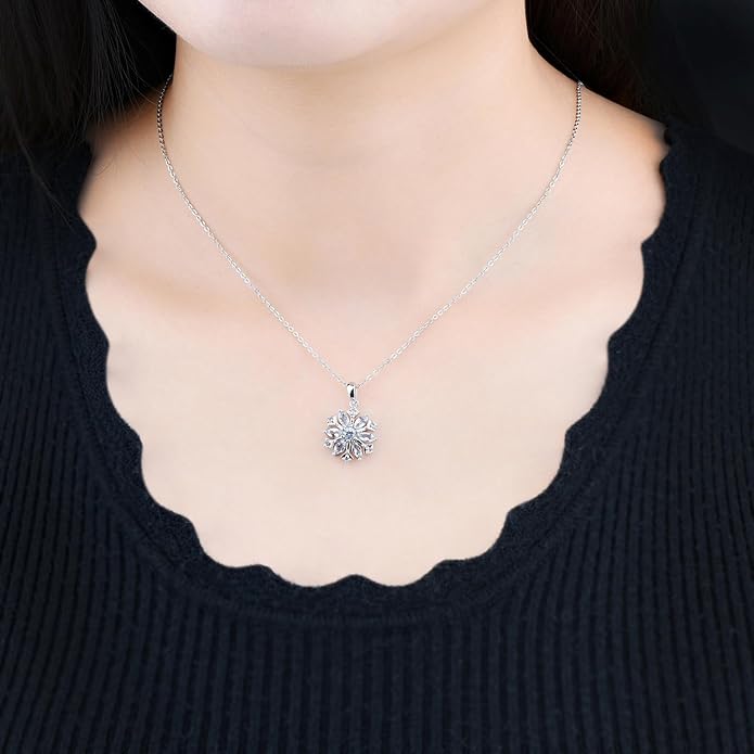 Snowflake Pendant Necklace for Women Girls Hypoallergenic S925 Sterling Silver Natural Aquamarine March Birthstone Charms Fine Jewelry for Christmas