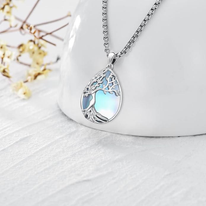 Turquoise/Amethyst/Moonstone/Black Onyx Tree of Life Necklace for Women Hummingbird Necklaces White Gold Plated Copper Jewelry