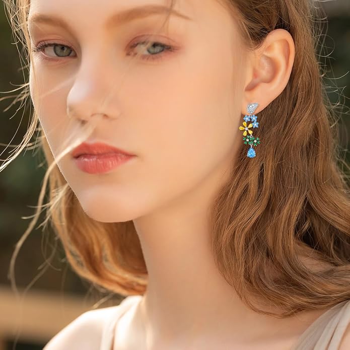925 Sterling Silver Colorful Chandelier Teardrop Dangle Earrings Statement Flower Stud Earrings for Women Party Prom
