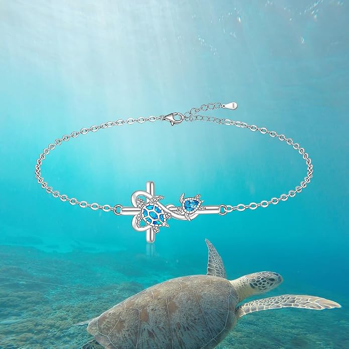 Fenthring Turtle Anklet S925 Sterling Silver Blue Opal Sea Turtle Ankle Bracelets for Women Infinity Wave Ocean Beach Summer Foot Bracelet Jewelry Layered Adjustable