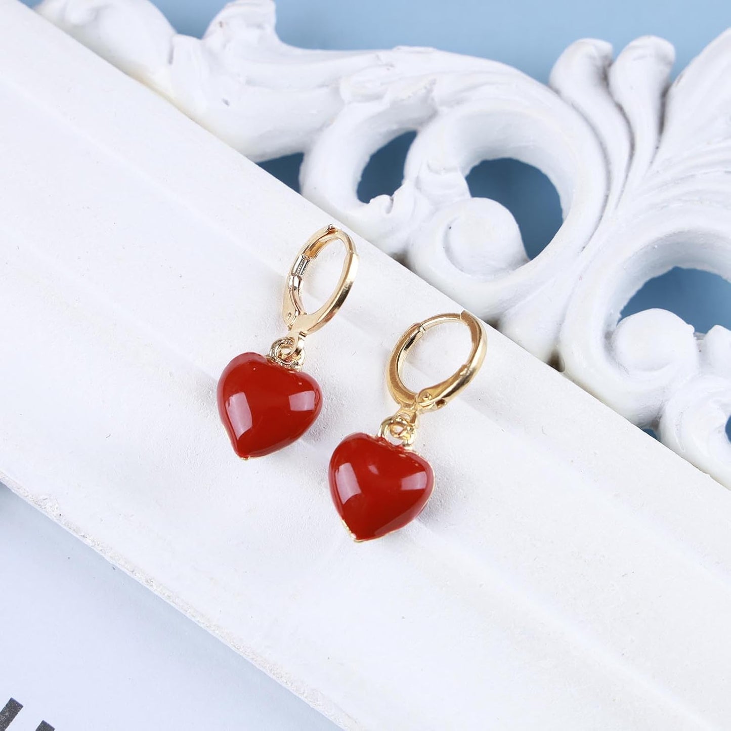 Vintage Heart Dangle earrings Red Coral Earrings Red Heart Love Huggie Earrings Gold Hoop Huggie Earrings Jewelry for Women