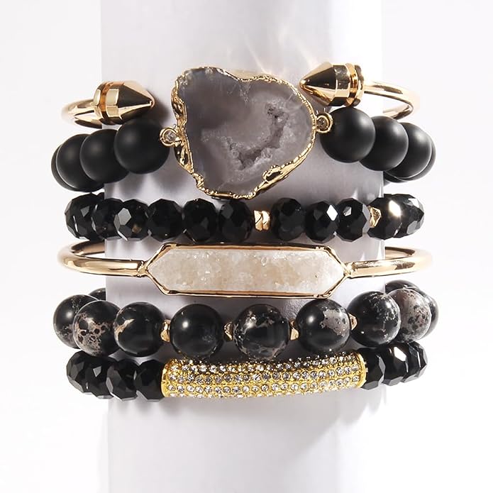 Yomisa 5PCS 6PCS Natural Boho Beaded Bracelets/Bangle for Women Men,Healing Turquoise Jasper Agate Crystal Gemstone Stone Chakra Multilayer Wrap Bohemian Handmade Jewelry Beads Stretch Bracelet Set