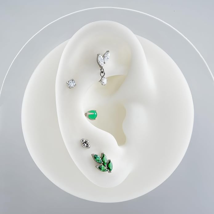FINE4U 1PC Leaf Flat Back Stud Flat, Helix, Conch, Tragus 6mm 8mm - ASTM F136 Titanium Screw on Body Piercing Jewelry