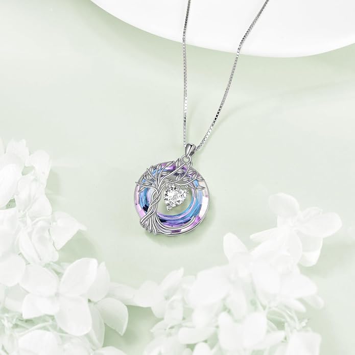 POPLYKE Mothers Day Gifts for Mom Her Wife Tree of Life Necklace 925 Sterling Silver Birthstone Pendant with Crystal Anniversary Birthday Wedding Jewelry for Women