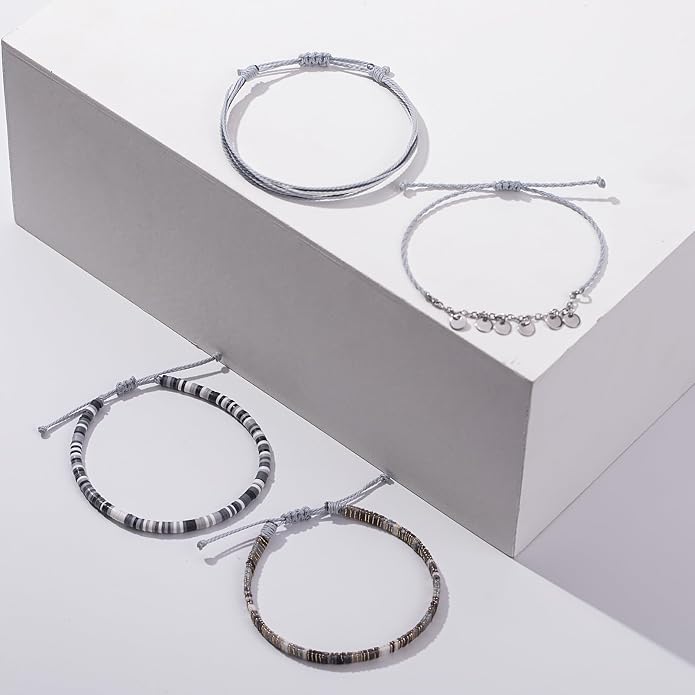 FANCY SHINY Waterproof String Anklets Boho Clay Beads Ankle Bracelets Cute Cloth Stainless Steel Coin Anklet Set Beach Summer Jewelry for Women