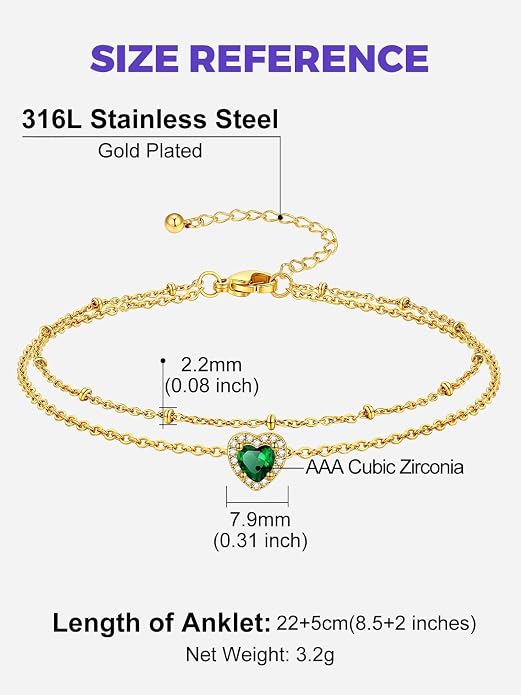 Richsteel Double Layer Heart/Butterfly Birthstone Anklet for Women Non Tarnish Waterproof, Silver/Gold/Black Stainless Steel 8.5-10.5 Inch Adjustable Chain Anklets Jewelry Gifts for Her