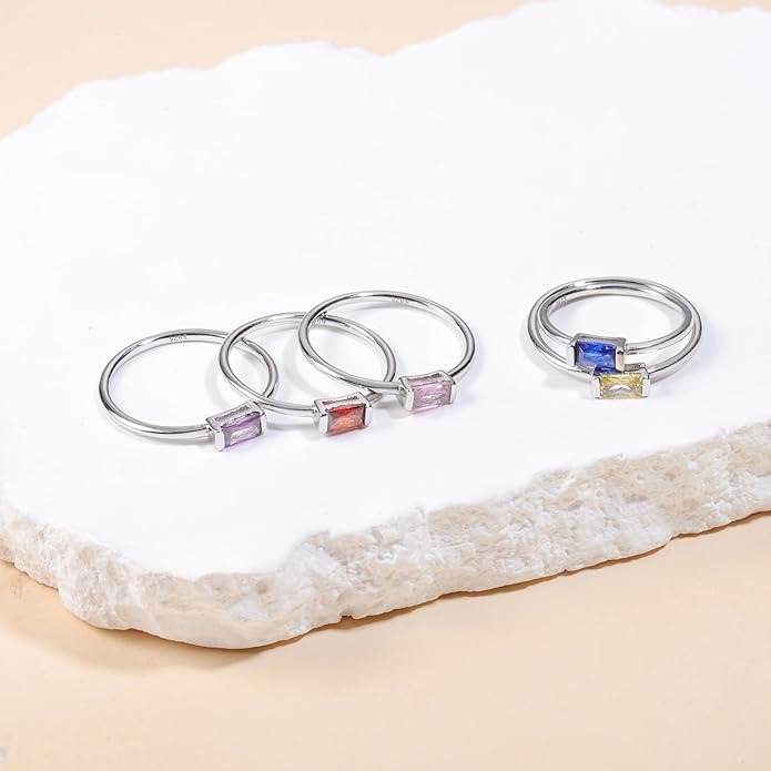 Helonley S925 Sterling Silver Birthstone Stackable Rings for Women Mother with Cubic zirconium Mom Ring Mother's Day Jewelry Gifts for Wife