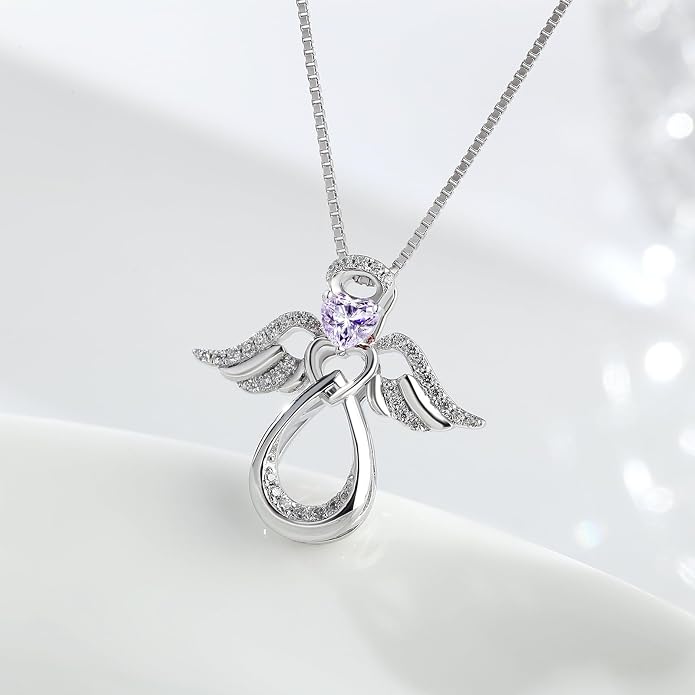 925 Sterling Silver Guardian Angel Pendant Necklace for Women with Birthstone Cubic Zirconia Little Angel Pendant Necklace Jewelry 18 inch Chain